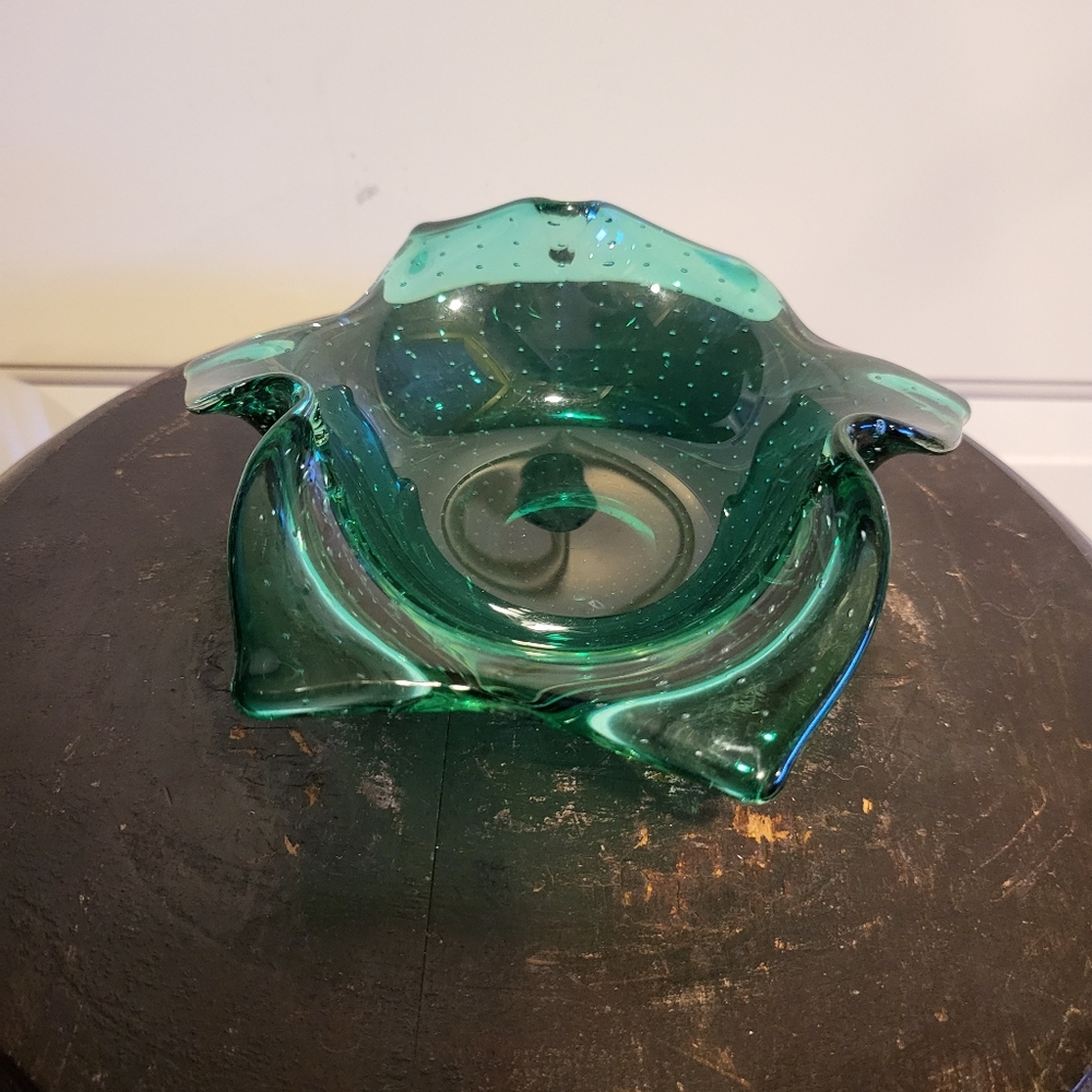 VINTAGE 50's CARL ERICKSON STUDIO GLASS GREEN CONTROLLED BUBBLE ASHTRAY 7" - Picture 3 of 8
